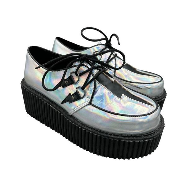 DEMONIA | Silver holographic lightning bolt platform creeper women’s shoes - Picture 1 of 14